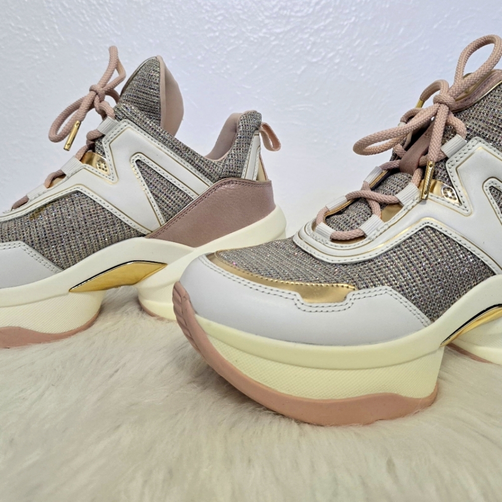 Michael Kors Olympia Glitter Chain-Mesh and Leather Trainer. NEW